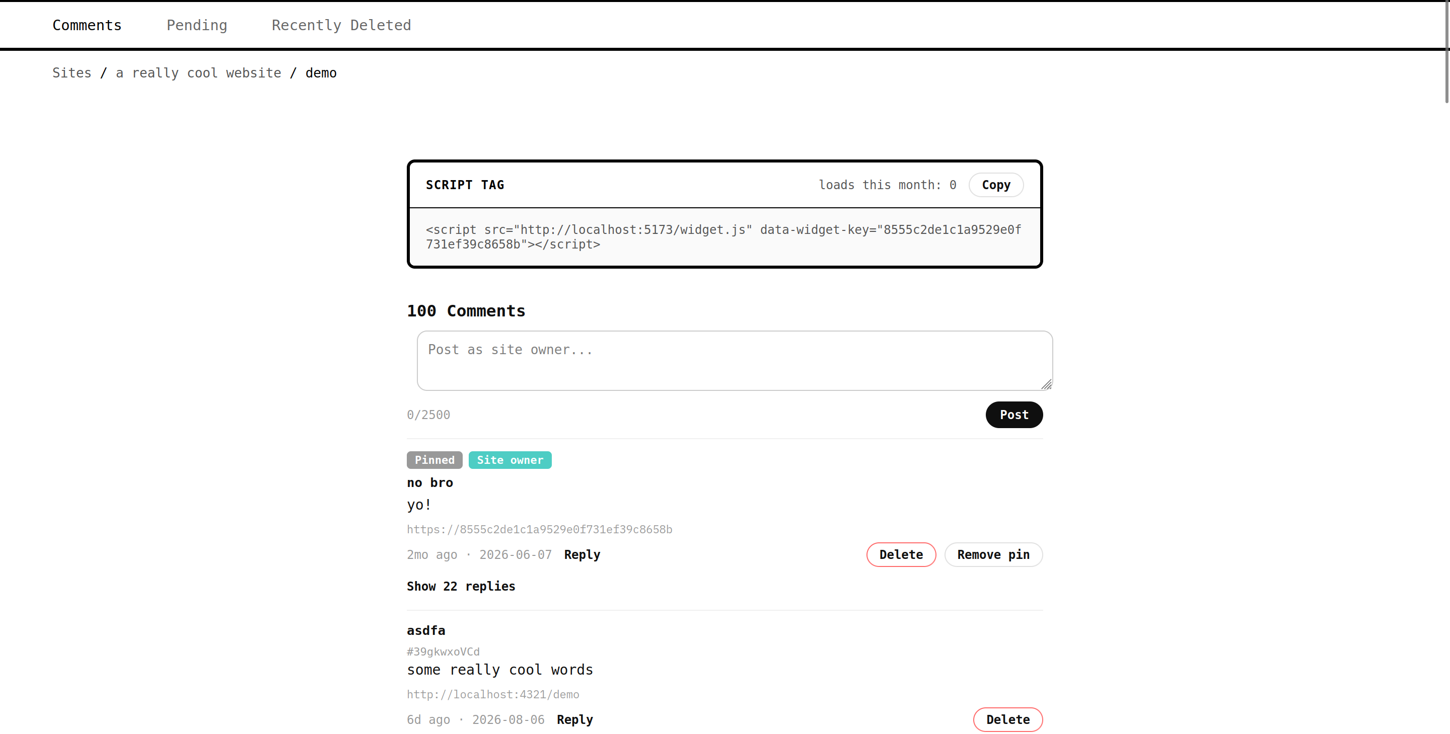 Widget comment moderation panel