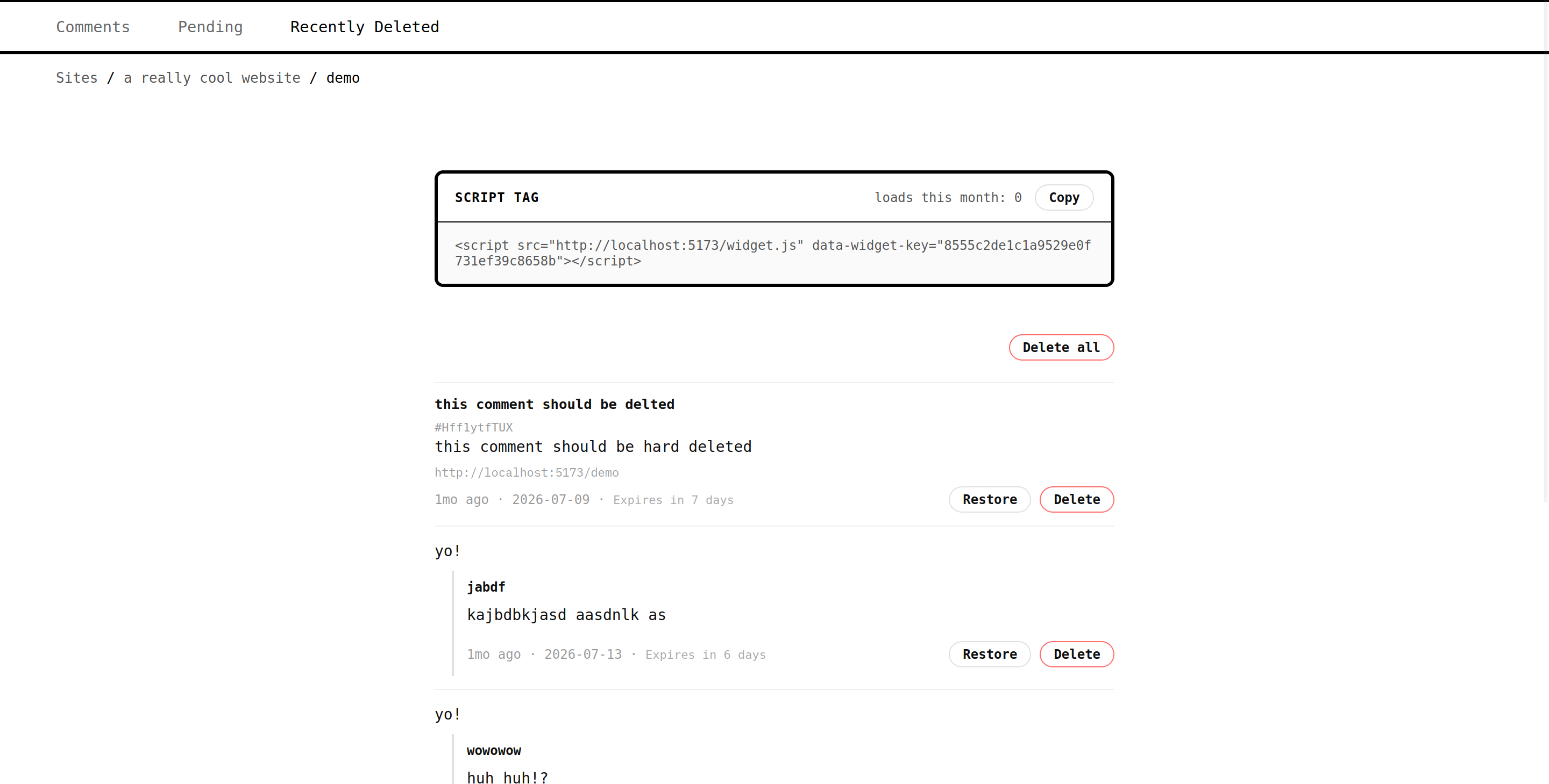 Widget deleted moderation panel