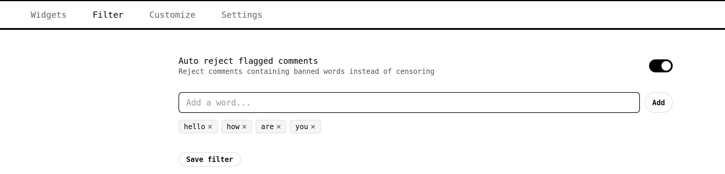 Widget comment moderation panel