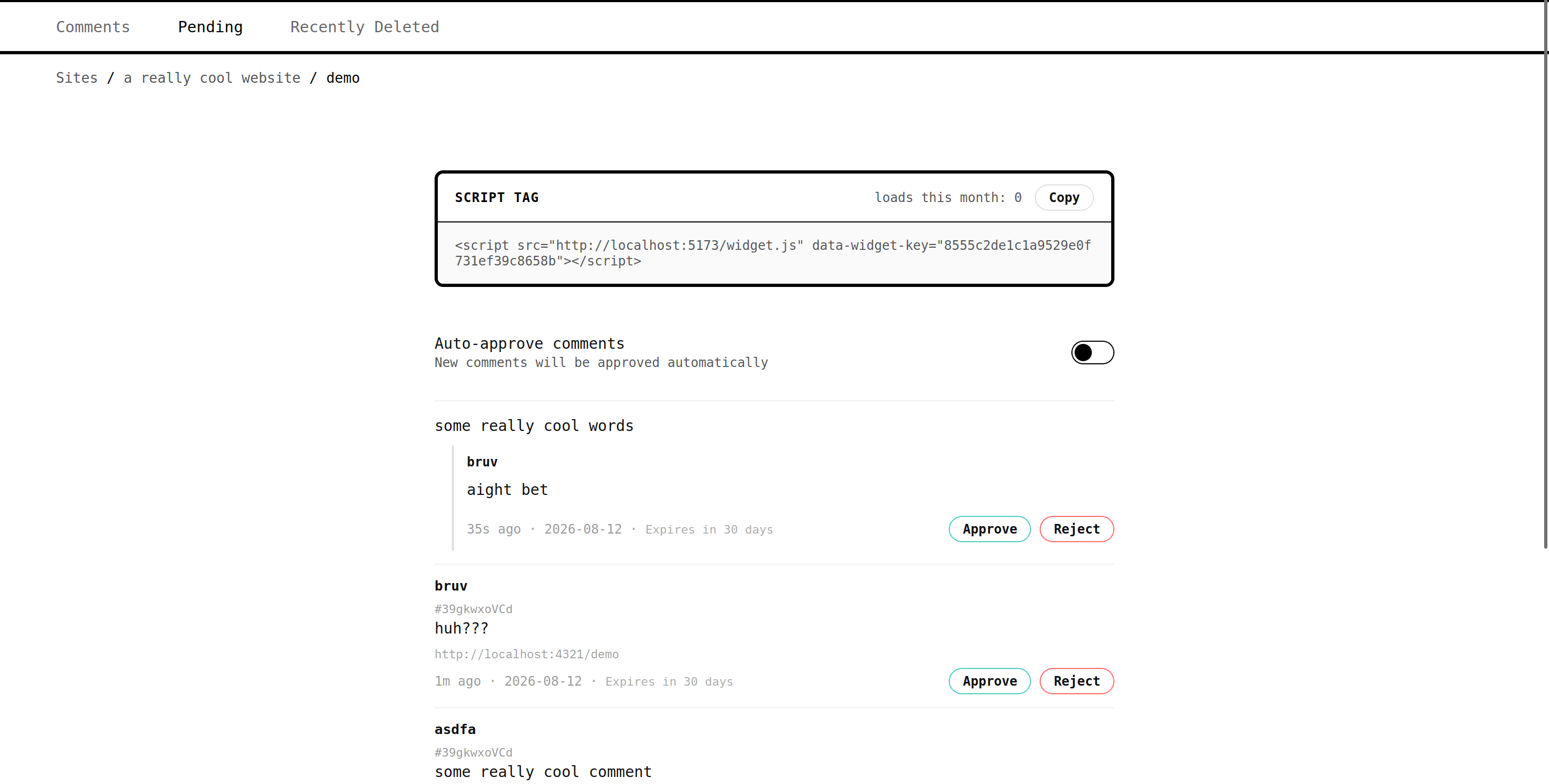 Widget pending moderation panel
