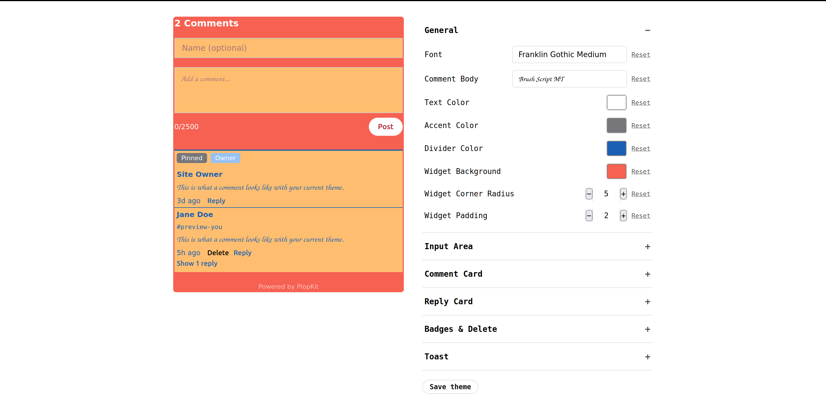 Widget customization panel